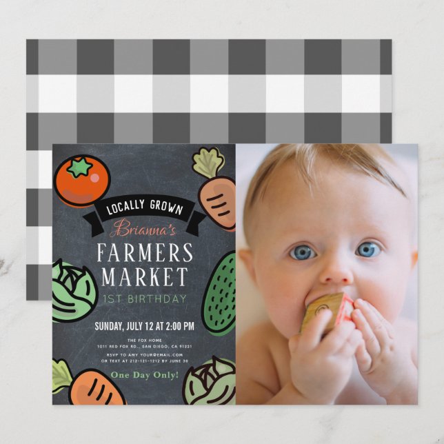 Farmers Market Chalkboard Photo 1st Birthday Invitation (Front/Back)