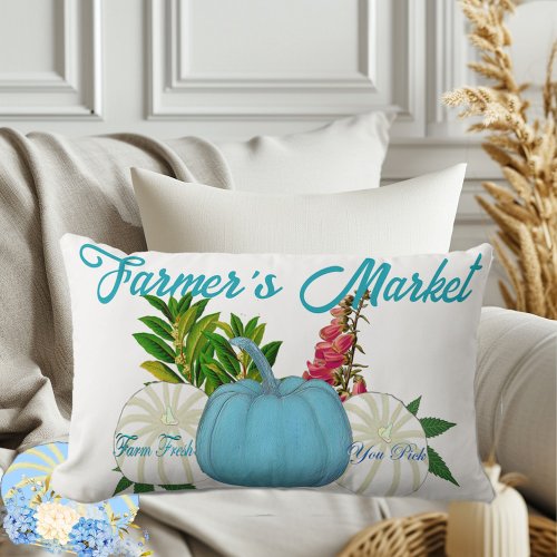 Farmers Market Fall Pumpkins White Blue Harvest  Lumbar Pillow