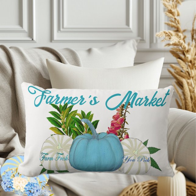Farmers Market Fall Pumpkins White Blue Harvest  Lumbar Pillow (Farmers Market Fall Pumpkins White Blue Harvest Lumbar Pillow)