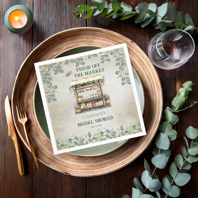 Farmer's Market Farm Stand Welcome Bridal Shower Napkins ("She's Fresh Off the Market" Farm Stand and Eucalyptus Farmer's Market Bridal Shower Napkins)