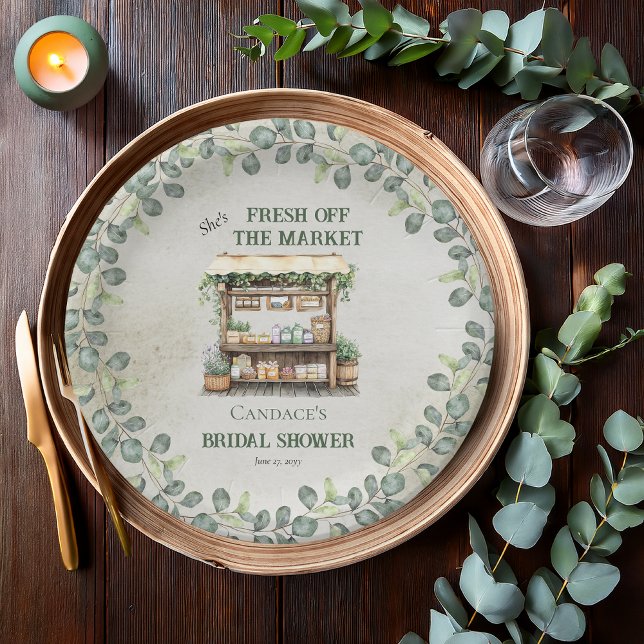 Farmer's Market Farm Stand Welcome Bridal Shower Paper Plates ("She's Fresh Off the Market" Farm Stand and Eucalyptus Farmer's Market Bridal Shower Paper Plates)