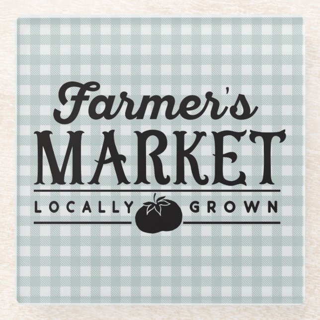 Farmers Market Gray Gingham Glass Coaster (Front)