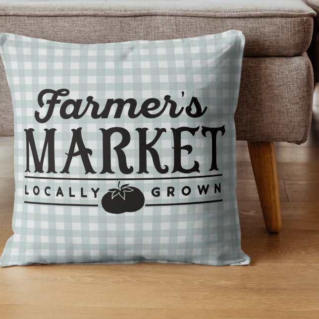 Farmers Market Gray Gingham Throw Pillow (Creator Uploaded)