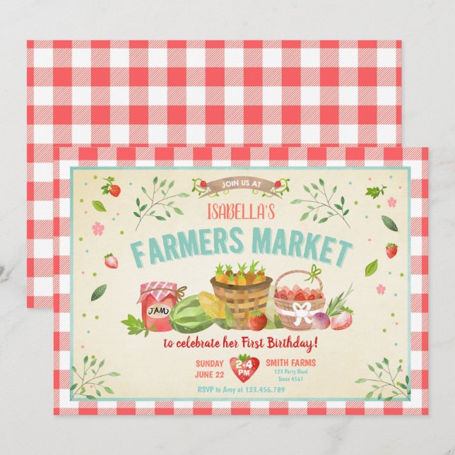 Farmers Market Grown Veggies Fruits Red Girl Party Invitation (Front/Back)