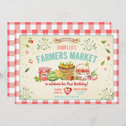 Farmers Market Grown Veggies Fruits Red Girl Party Invitation
