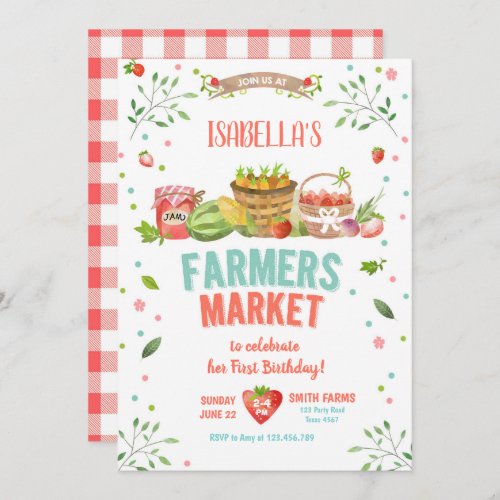 Farmers Market Grown Veggies Fruits Red Girl Party Invitation