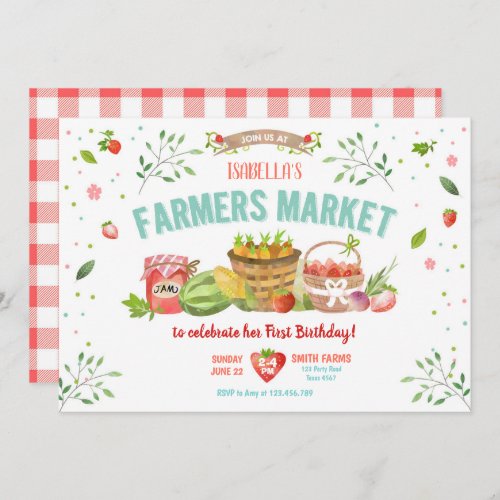 Farmers Market Grown Veggies Fruits Red Girl Party Invitation