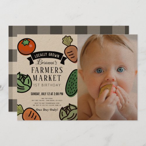 Farmers Market Kraft Paper 1st Birthday Photo Invitation