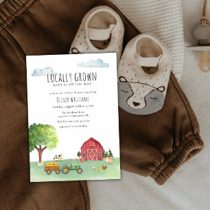 Farmers Market Red Barnyard Tractor Baby Shower Invitation