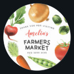 Farmers Market Vegetables Kids Birthday Party Classic Round Sticker<br><div class="desc">Fun farmers market theme birthday party favor sticker featuring hand drawn illustrations of brussel sprouts,  carrot,  onion,  tomato,  sweet peas,  beat. This fun and colorful vegetable party is great for summer or spring time.</div>
