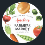 Farmers Market Vegetables Kids Birthday Party Classic Round Sticker<br><div class="desc">Fun farmers market theme birthday party favor sticker featuring hand drawn illustrations of brussel sprouts,  carrot,  onion,  tomato,  sweet peas,  beat. This fun and colorful vegetable party is great for summer or spring time.</div>