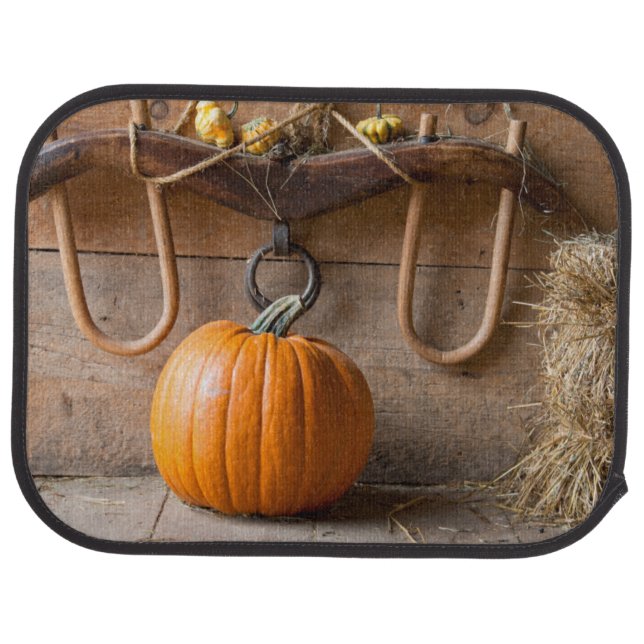 Farmers Museum. Pumpkin in barn with bale of hay Car Floor Mat (Rear)