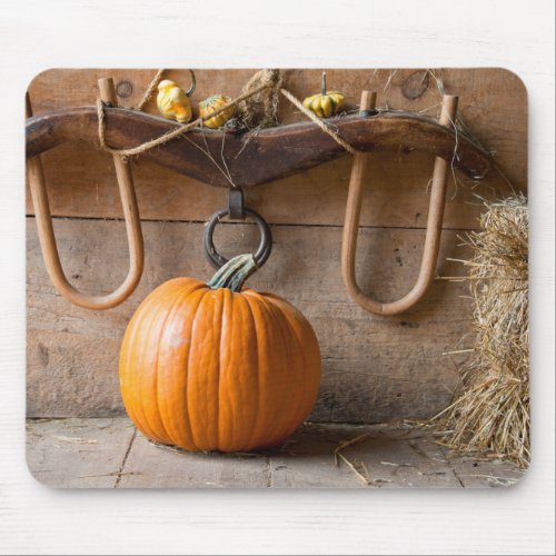 Farmers Museum Pumpkin in barn with bale of hay Mouse Pad