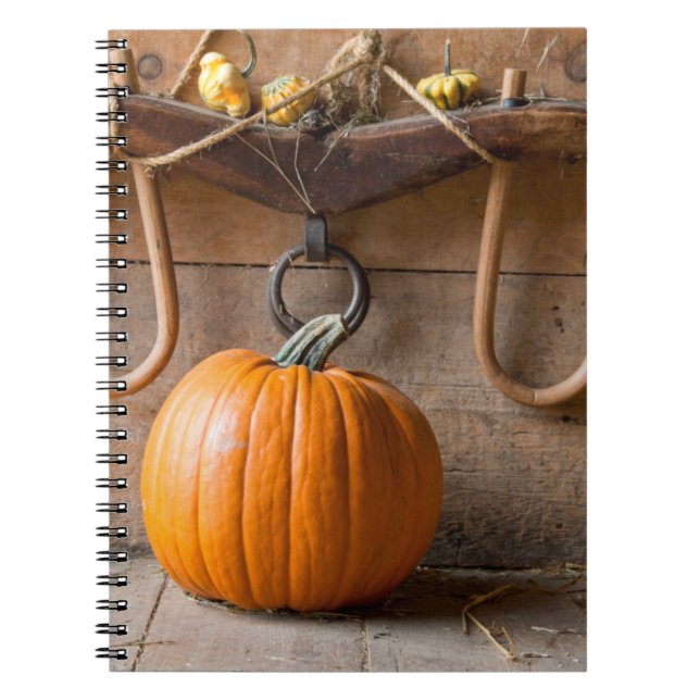 Farmers Museum. Pumpkin in barn with bale of hay Notebook (Front)