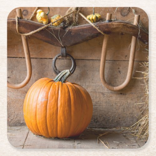 Farmers Museum Pumpkin in barn with bale of hay Square Paper Coaster