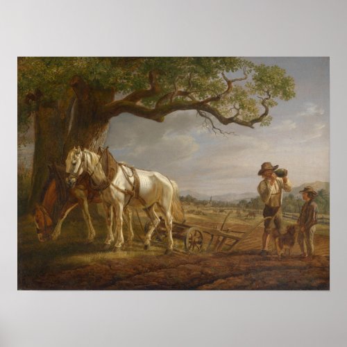 Farmers Resting in a Field With Horses and Plough Poster
