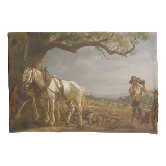 Farmers Resting in a Field With Horses and Plow Pillow Case (Front-Left)