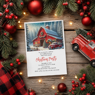 Farmhouse and Red Truck Christmas Party Invitation