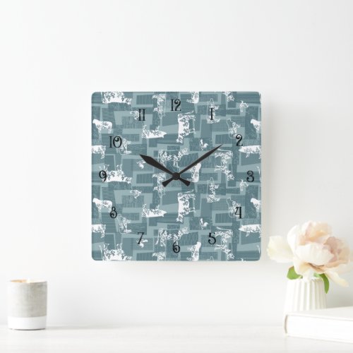 Farmhouse Animals Modern Pattern - Blue Square Wall Clock