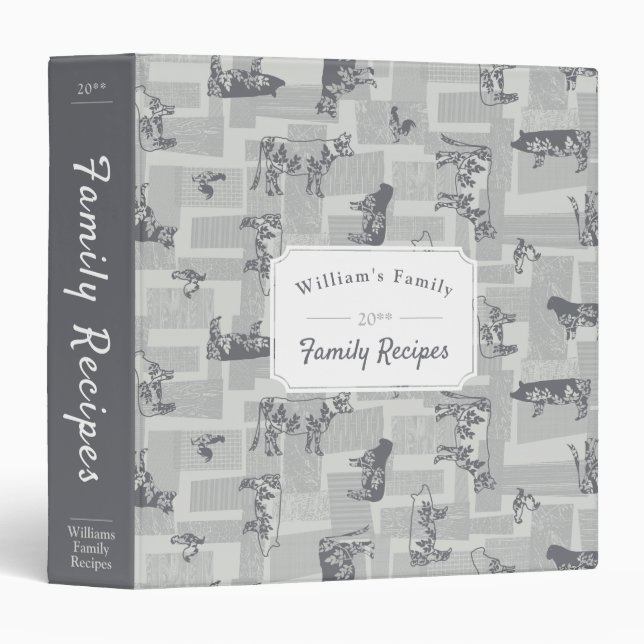 Farmhouse Animals Modern Pattern - Grey Recipe 3 Ring Binder (Front/Spine)