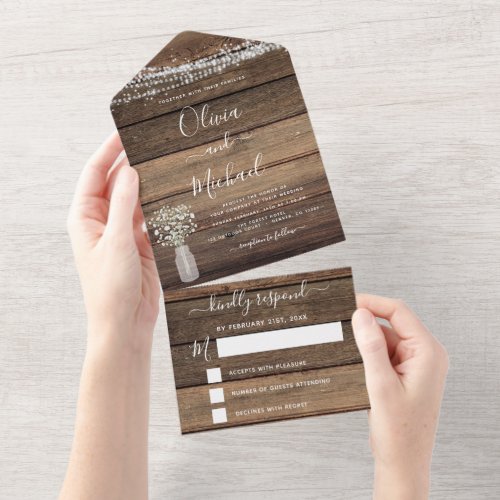 Farmhouse Babys Breath Rustic Wedding RSVP All In One Invitation