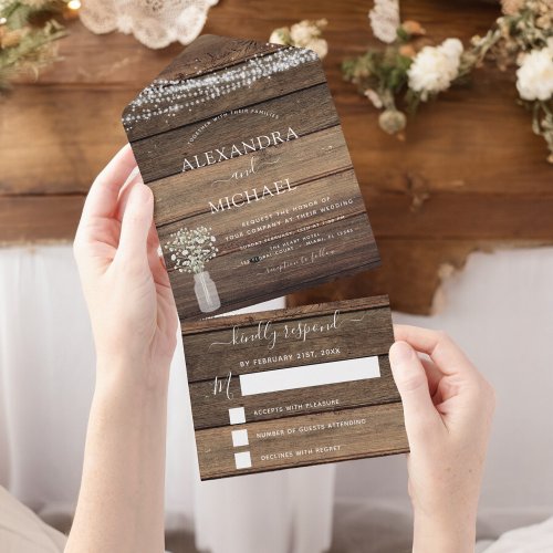 Farmhouse Babys Breath Rustic Wedding RSVP All In One Invitation