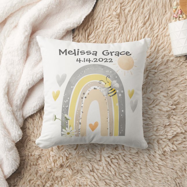 Farmhouse Bee with Rainbow Birth Announcement Throw Pillow (Blanket)