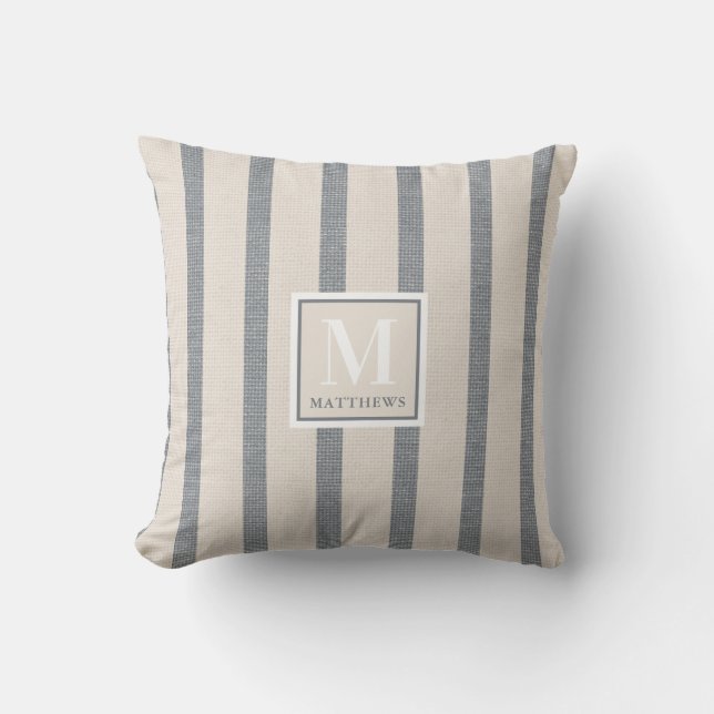 Farmhouse Beige and Country Blue Name Monogram Throw Pillow (Front)