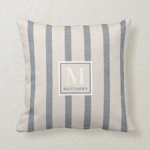 Farmhouse Beige and Country Blue Name Monogram Throw Pillow