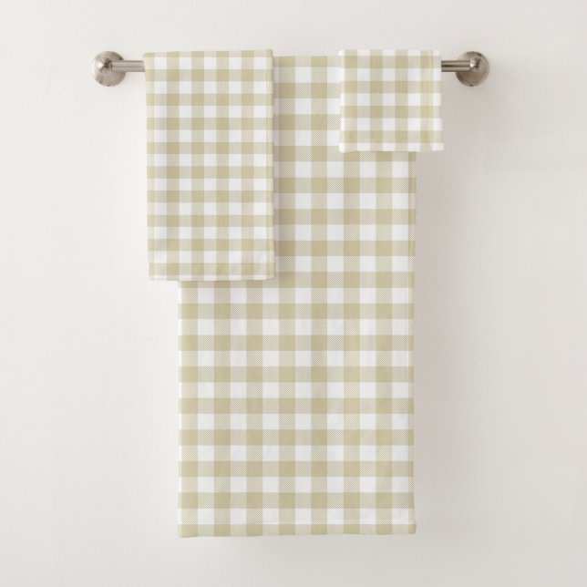 Farmhouse Beige and White Gingham Plaid Bath Towel Set (Insitu)