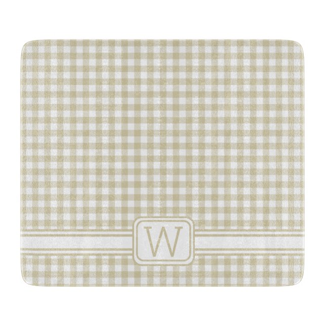 Farmhouse Beige and White Gingham Plaid Monogram Cutting Board (Front)