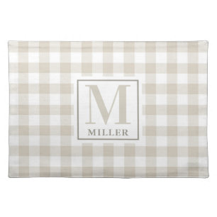 Farmhouse Beige Buffalo Check Family Name Monogram Cloth Placemat