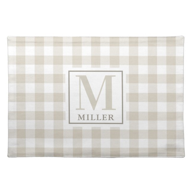 Farmhouse Beige Buffalo Check Family Name Monogram Cloth Placemat (Front)