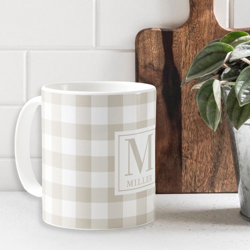 Farmhouse Beige Buffalo Check Family Name Monogram Coffee Mug