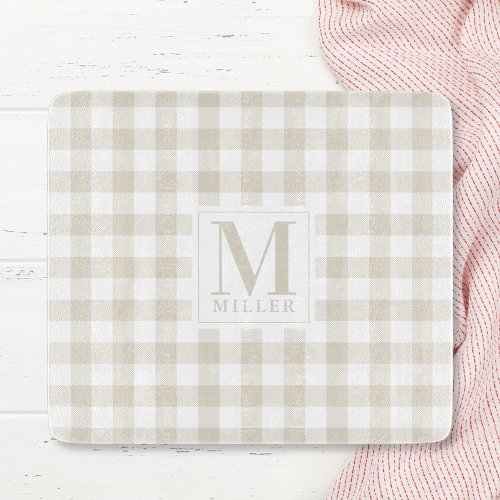 Farmhouse Beige Buffalo Check Monogram Glass Cutting Board