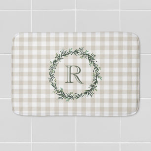 Farmhouse Beige Buffalo Check Monogrammed Wreath Bath Mat