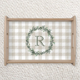 Farmhouse Beige Buffalo Check Monogrammed Wreath Serving Tray