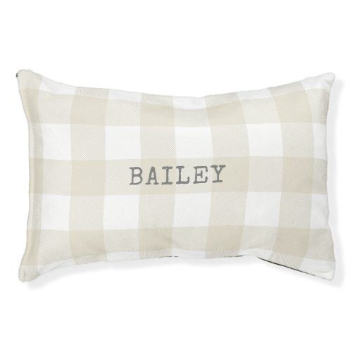 Farmhouse Beige Buffalo Check Plaid Dog Name Pet Bed