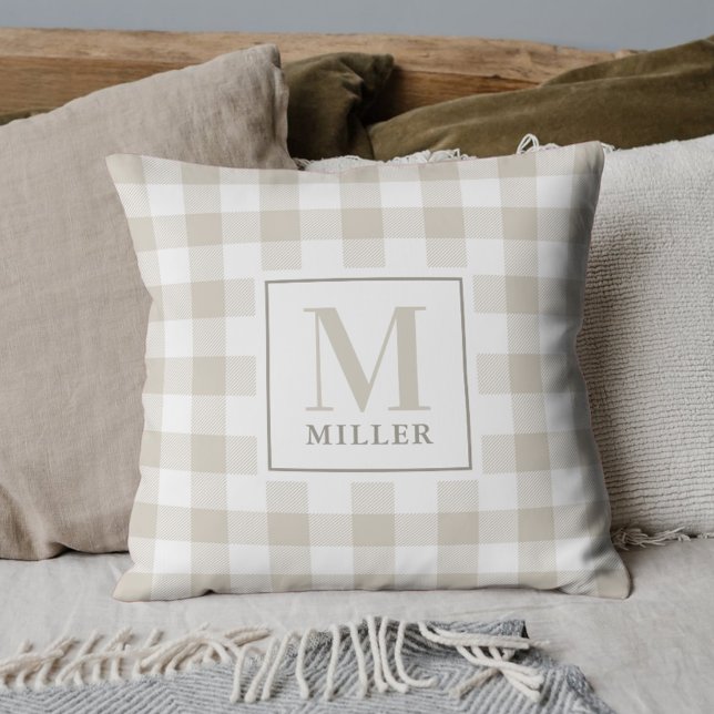 Farmhouse Beige Buffalo Plaid Family Name Monogram Throw Pillow (Creator Uploaded)