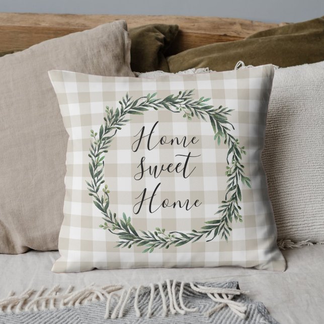 Farmhouse Beige Buffalo Plaid Home Sweet Home Throw Pillow (Creator Uploaded)
