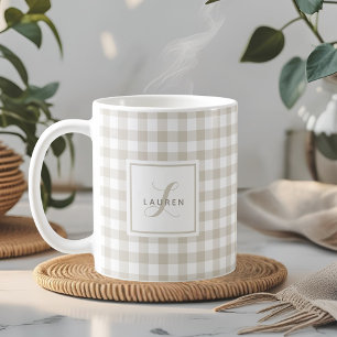 Farmhouse Beige Buffalo Plaid Monogram Coffee Mug