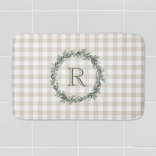 Farmhouse Beige Buffalo Plaid Wreath Initial Bath Mat (Creator Uploaded)