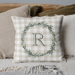 Farmhouse Beige Buffalo Plaid Wreath Initial Throw Pillow