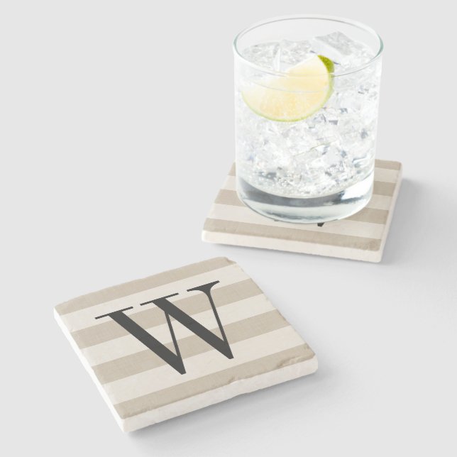 Farmhouse Beige Linen Stripes Monogram Stone Coaster (Side)