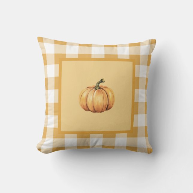 Farmhouse Beige Plaid Pumpkin Fall Decor Throw Pillow (Front)