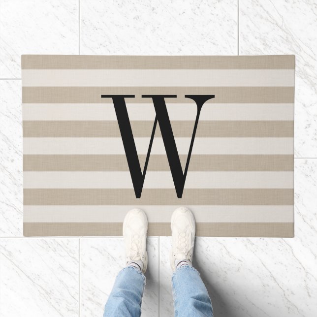 Farmhouse Beige Stripes Monogram Doormat (Indoor)