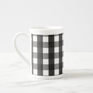 FARMHOUSE BLACK AND WHITE GINGHAM CHECK BONE CHINA MUG