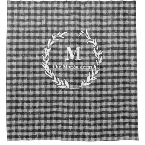 Farmhouse Black and White Gingham Monogram Name Shower Curtain