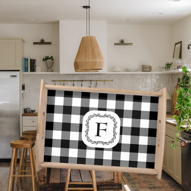 Farmhouse Black and White Gingham Monogram  Serving Tray (Creator Uploaded)