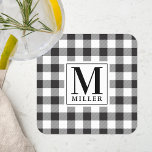 Farmhouse Black Buffalo Check Family Name Monogram Square Paper Coaster<br><div class="desc">Custom-designed monogram paper coasters featuring personalized monogram and family name on a black and white buffalo check/plaid/gingham check pattern.</div>